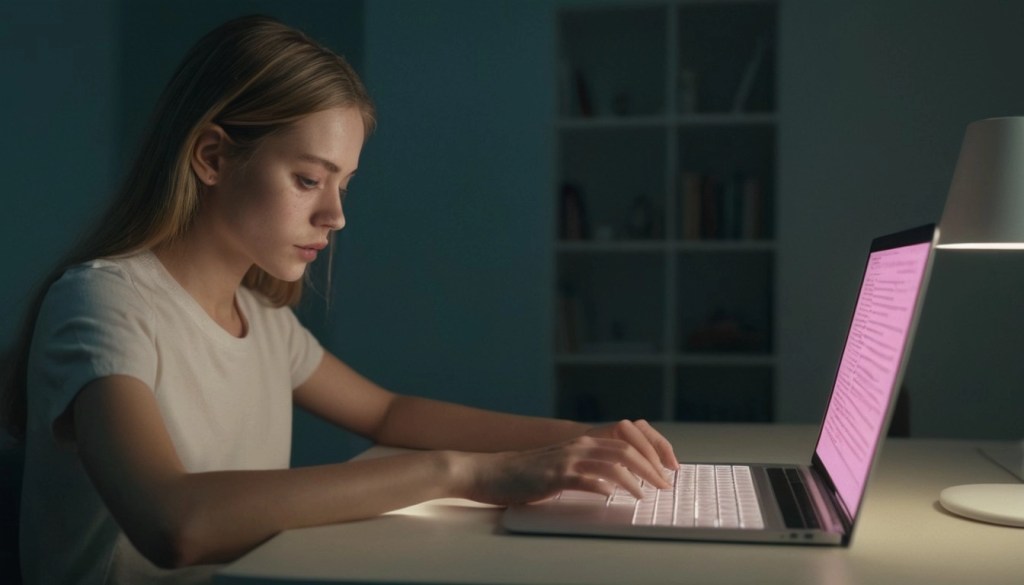 Young beautiful lady is working with an AI content writing software on her laptop
