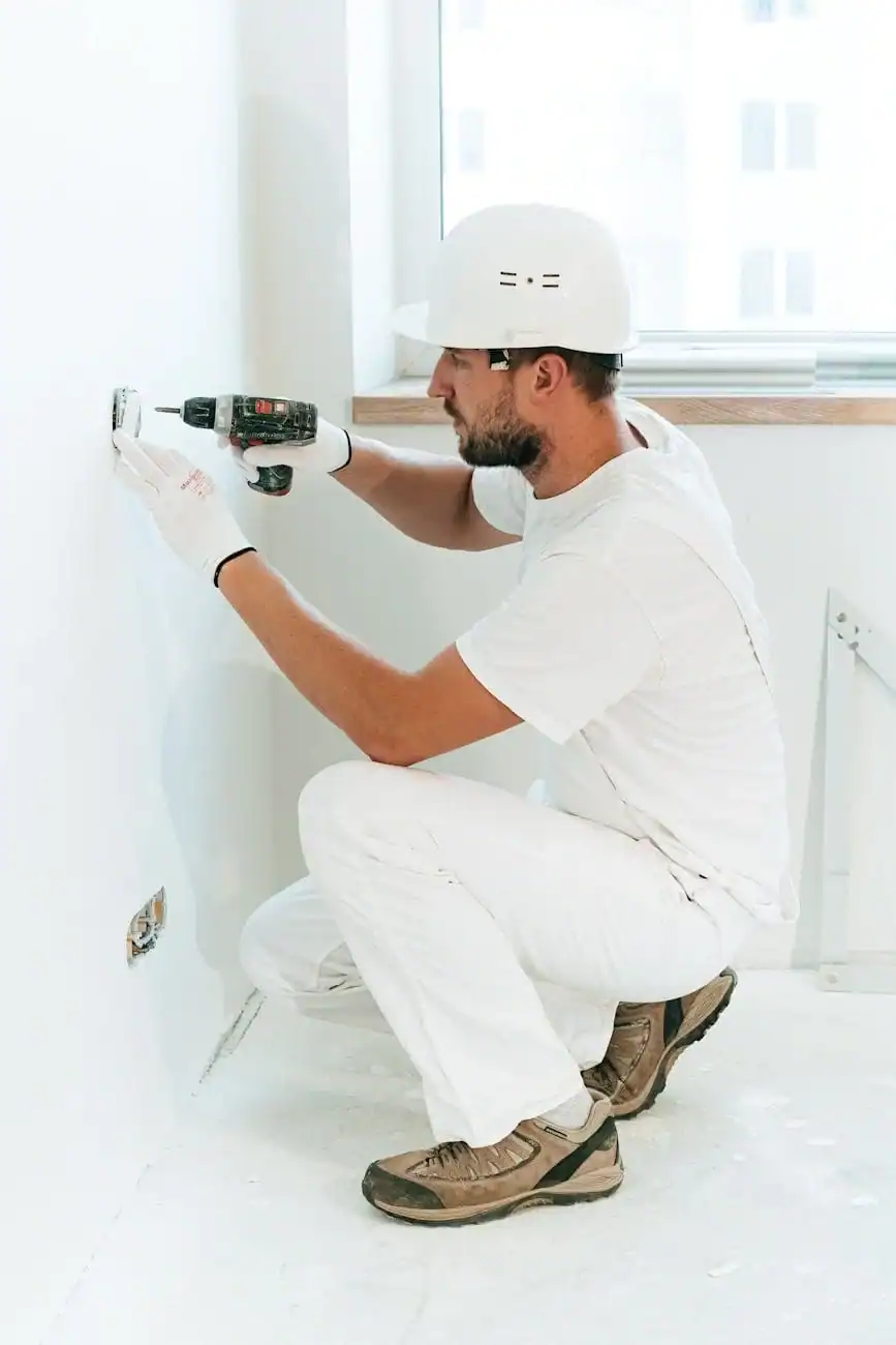 man drilling in a wall in an apartment, after using a stud finding app