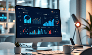 Modern workspace with an SEO program showing ranking analysis dashboard.