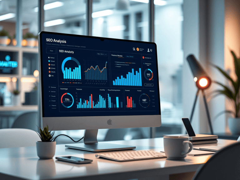 Modern workspace with an SEO program showing ranking analysis dashboard.