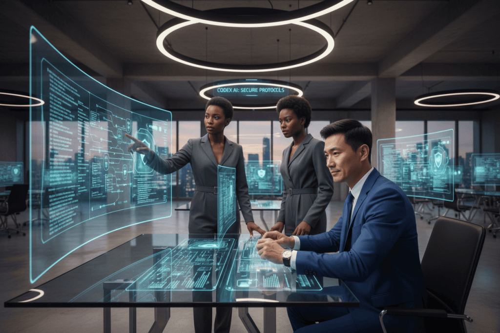 A futuristic office environment showcases a central, secure workstation where a diverse group of professionals collaborates on enhancing security protocols using Codex AI. In the foreground, a mid-30s Asian male in a smart blue suit interacts with a virtual display, analyzing data visualizations with expressions of focus and confidence. Beside him, a Black female colleague in a professional outfit gestures towards a holographic security system interface, highlighting its features. The middle layer features sleek, transparent screens displaying complex algorithms and security matrices, with a backdrop of modern office architecture bathed in soft, ambient lighting. The overall mood is one of innovation and collaboration, creating a sense of urgency and importance around security enhancements, emphasizing a bright future for automated business solutions.