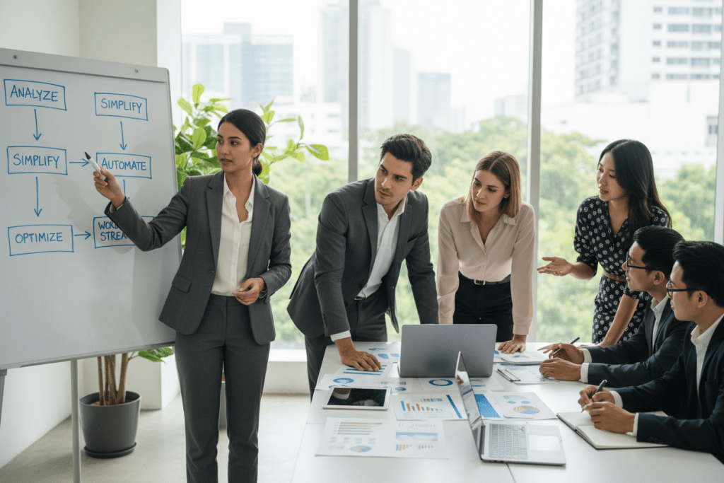 A modern office environment featuring a diverse group of business professionals engaged in a collaborative brainstorming session. In the foreground, a confident woman in smart business attire points at a simple visual diagram on a whiteboard, illustrating key strategies for streamlining workflows. In the middle, colleagues, including a man in a tailored suit and a woman in modest casual attire, are actively discussing, surrounded by laptops and digital tablets displaying graphs and flowcharts. The background showcases a bright, airy office space with large windows, soft natural light pouring in, and greenery visible outside. The atmosphere is focused and dynamic, conveying a sense of innovation and teamwork. The image captures the essence of expert tips for optimizing business processes through collaboration and intelligent automation.