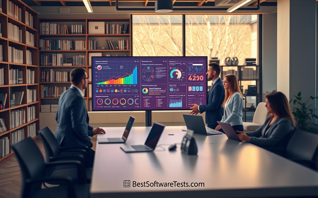 A sleek, modern office setting showcasing a "multi-modal intelligence platform." In the foreground, a diverse group of professionals, dressed in business attire, collaborate around a large, high-tech interactive display, analyzing data visually represented with vibrant graphs and workflows. In the middle ground, a contemporary conference table with laptops and tablets, illuminated by warm, natural lighting from large windows, creating an inviting atmosphere. In the background, expansive shelves filled with books and digital equipment, emphasizing innovation and knowledge. The image captures a sense of efficiency and teamwork, with soft lens focus highlighting the professionals' engaged expressions. The scene should embody a dynamic yet harmonious workspace, ideal for maximizing productivity with Ducky AI, alongside the branding "BestSoftwareTests.com" subtly integrated into the surroundings.