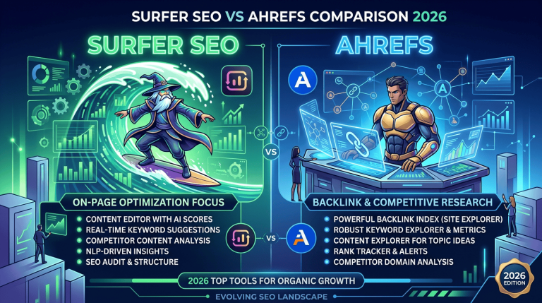 Comparison of Surfer SEO focusing on on-page optimization and Ahrefs focusing on backlink and competitive research