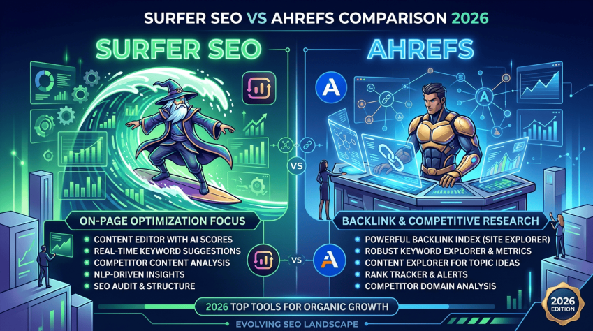 Comparison of Surfer SEO focusing on on-page optimization and Ahrefs focusing on backlink and competitive research